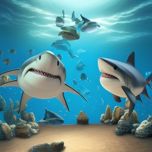 Sharks Playing Cards Underwater: Pixar-Style 3D Art