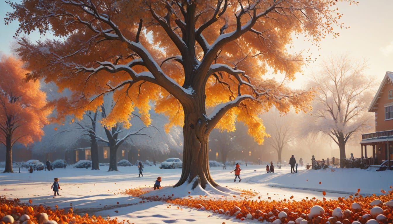 Autumn Bloom and Winter Snow: A Split Screen Scene