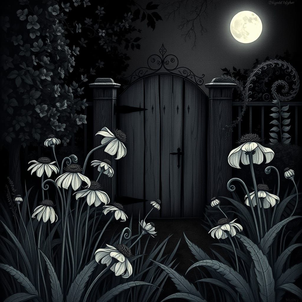 Moonlit Garden with Black and White Flowers
