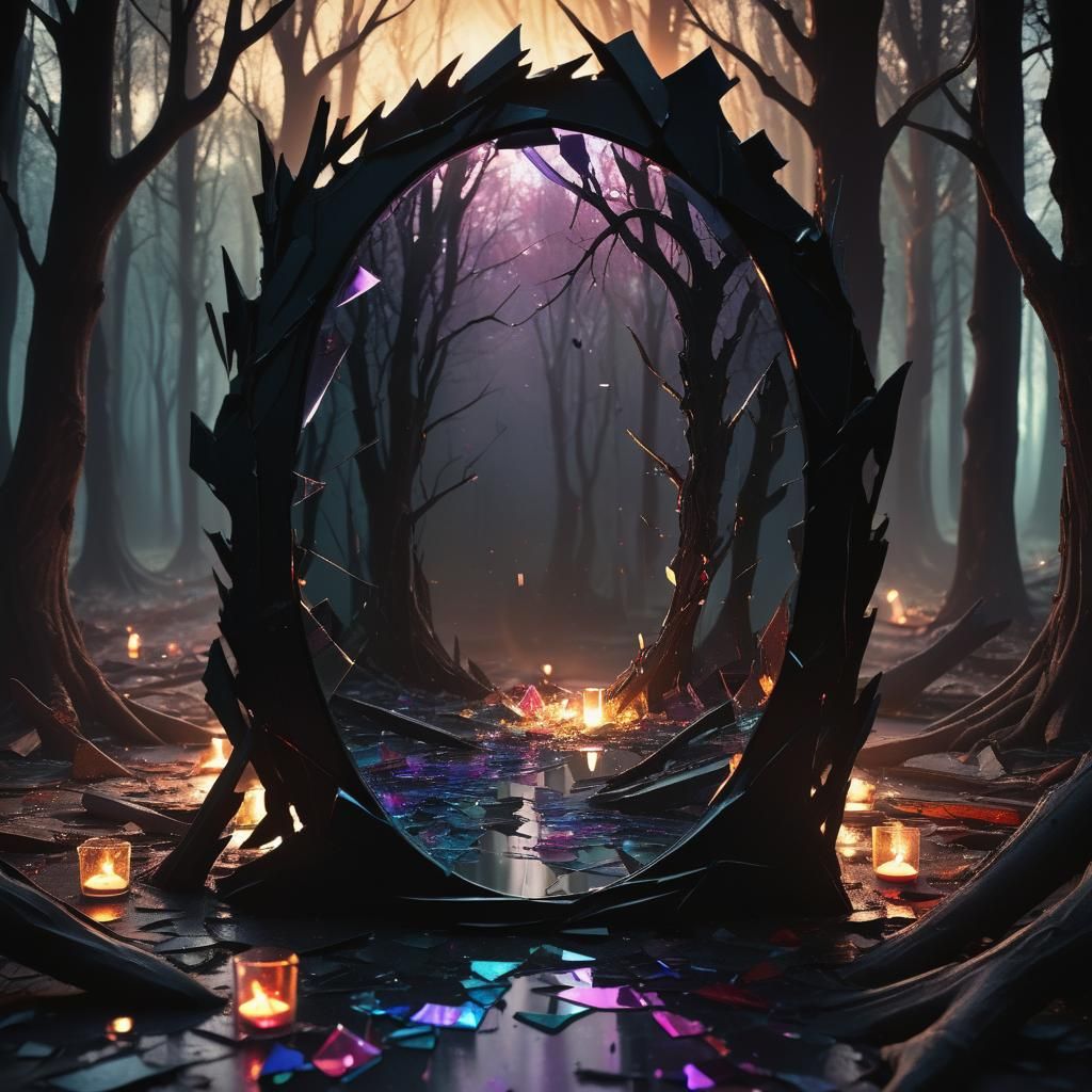 A captivating dark fantasy scene of a shattered mirror, with...