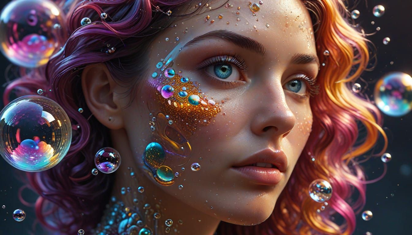 Iridescent Bubbles Form a Shimmering Woman's Face