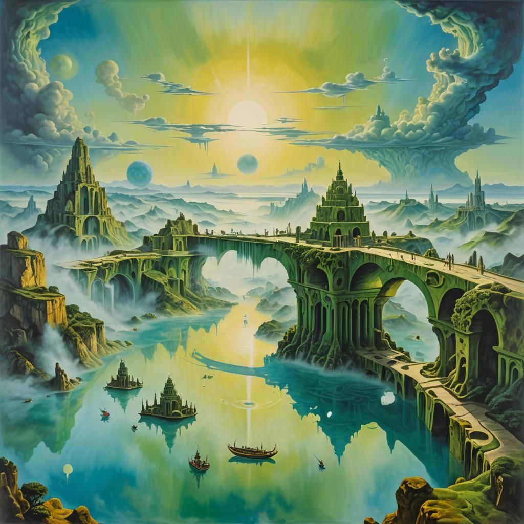 Surreal Mayan City with Bridges in Oil Paint