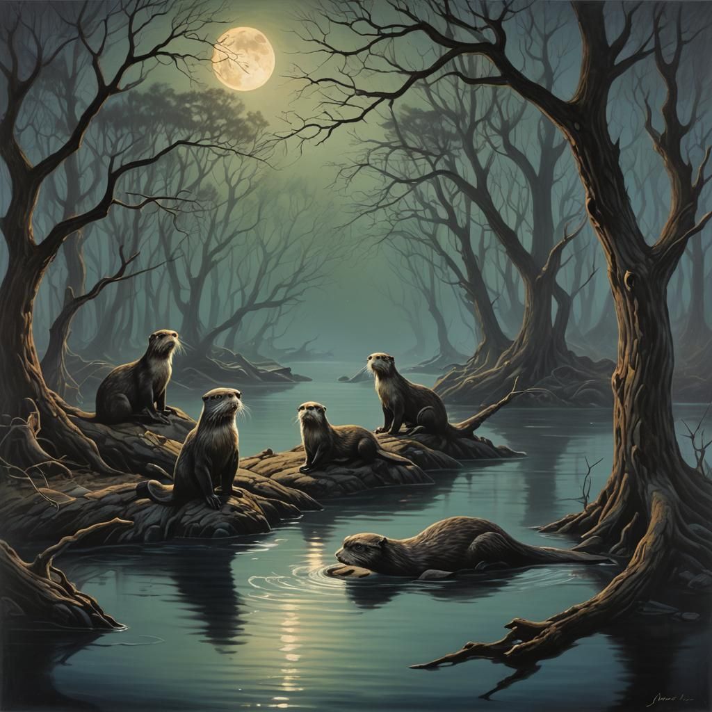 Mystical Otters in Moonlit Waters: An Astral Illustration