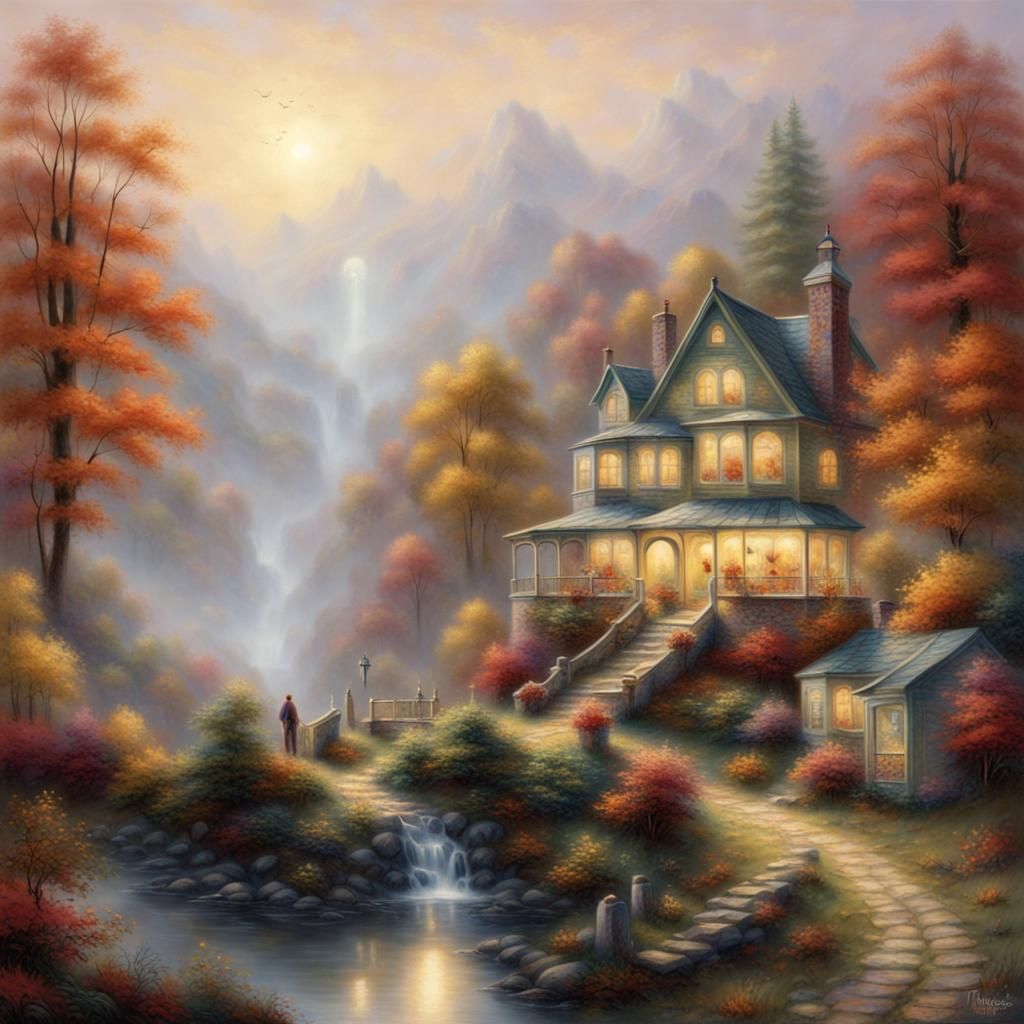 Ethereal Autumn Coffee Cup, Kinkade Style