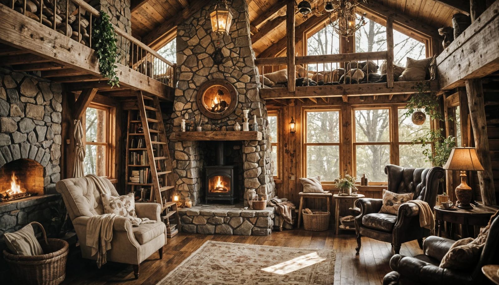 Cozy Rustic Treehouse Interior with Fireplace