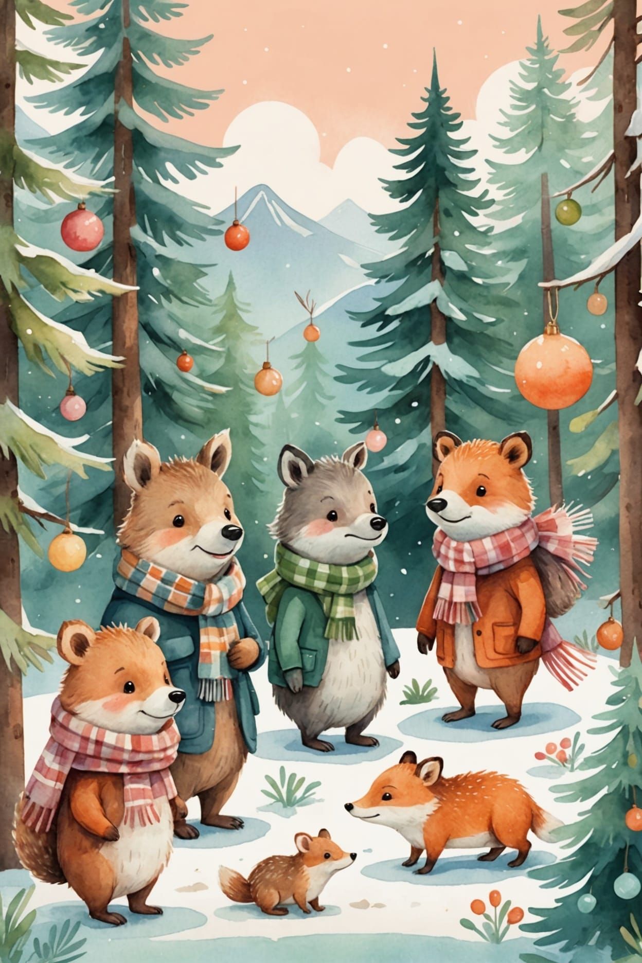 Christmas Cartoon Animals in Cozy Forest Watercolor