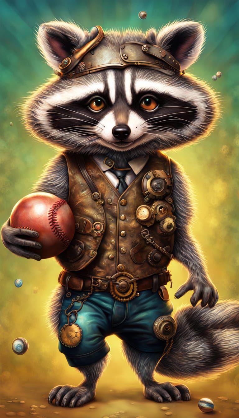 Steampunk Raccoon Plays Baseball with Heart Gears