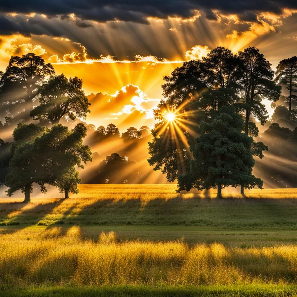 Sunset Over Wide Open Field with Sun Rays