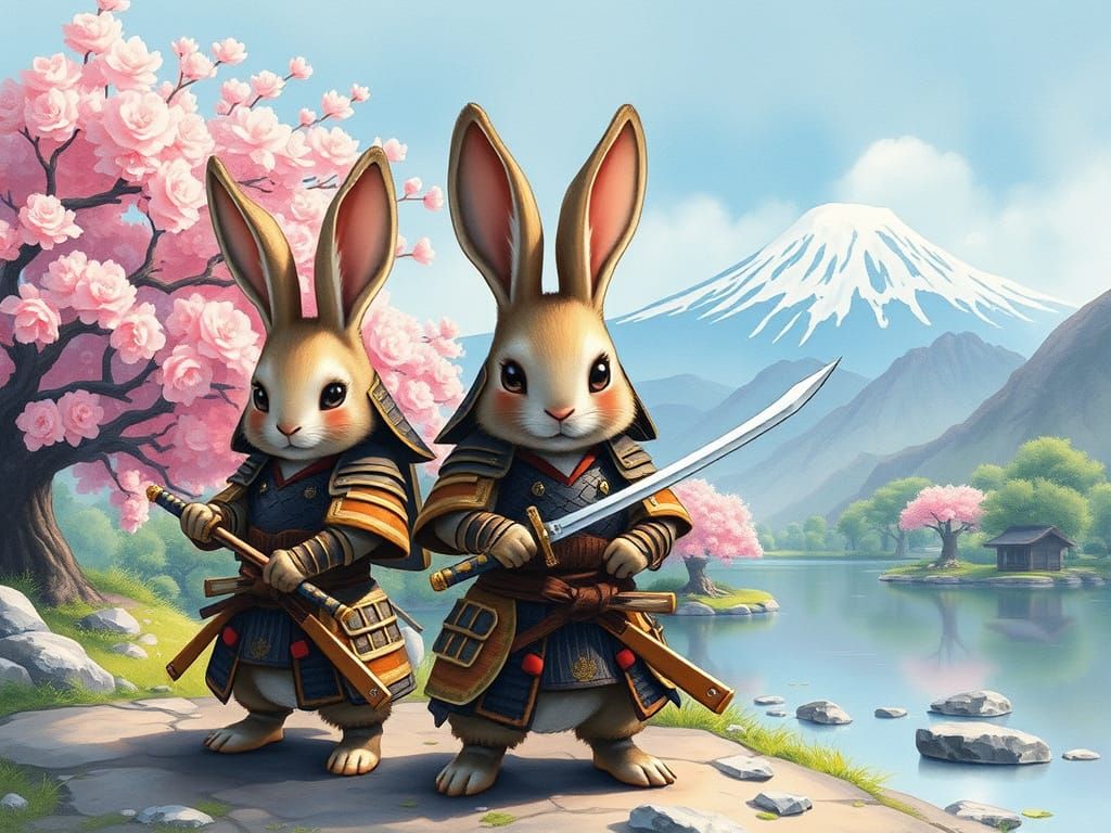 Samurai Rabbits in Feudal Japan: Watercolor Art