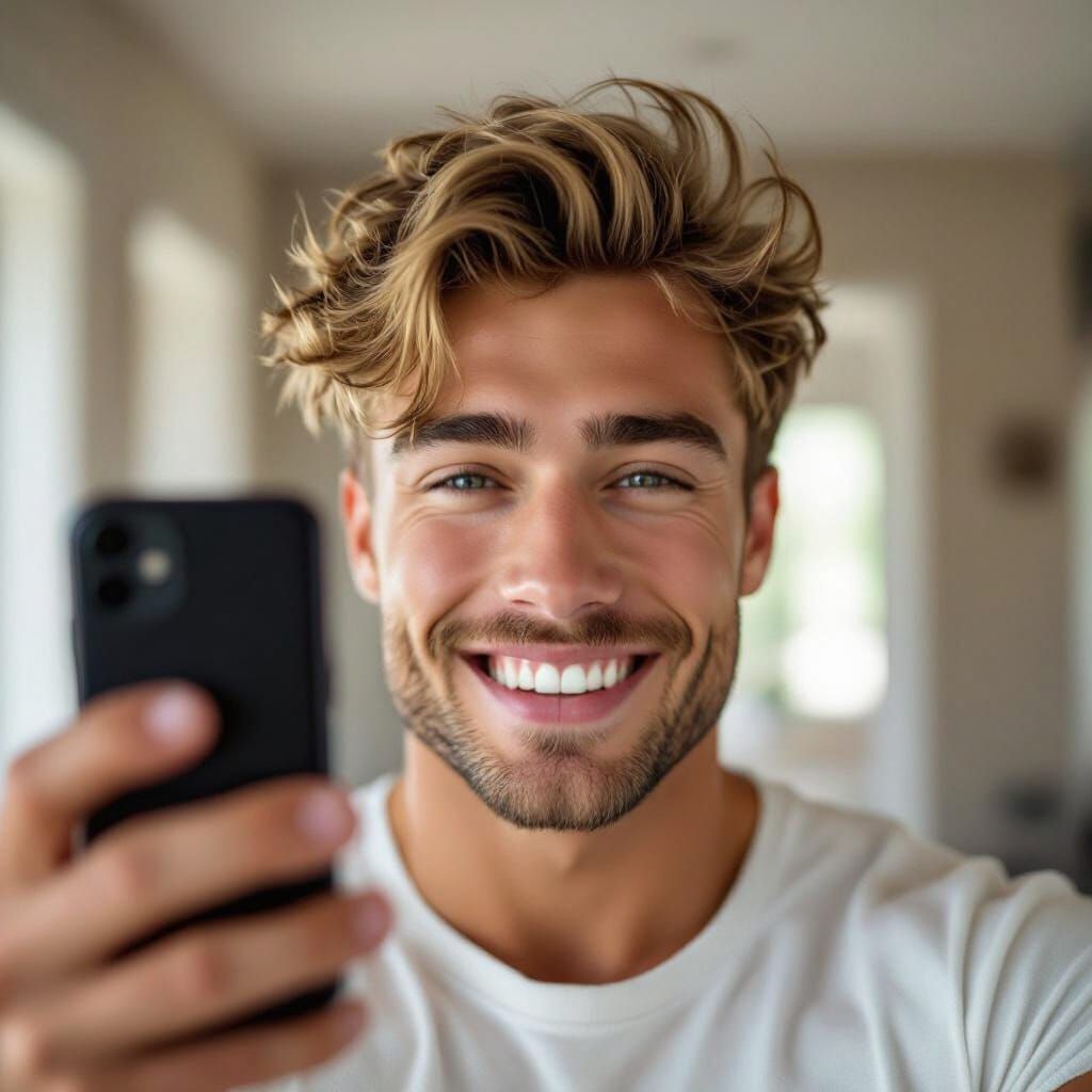 Muscular Man's Joyful Selfie in Soft Indoor Light