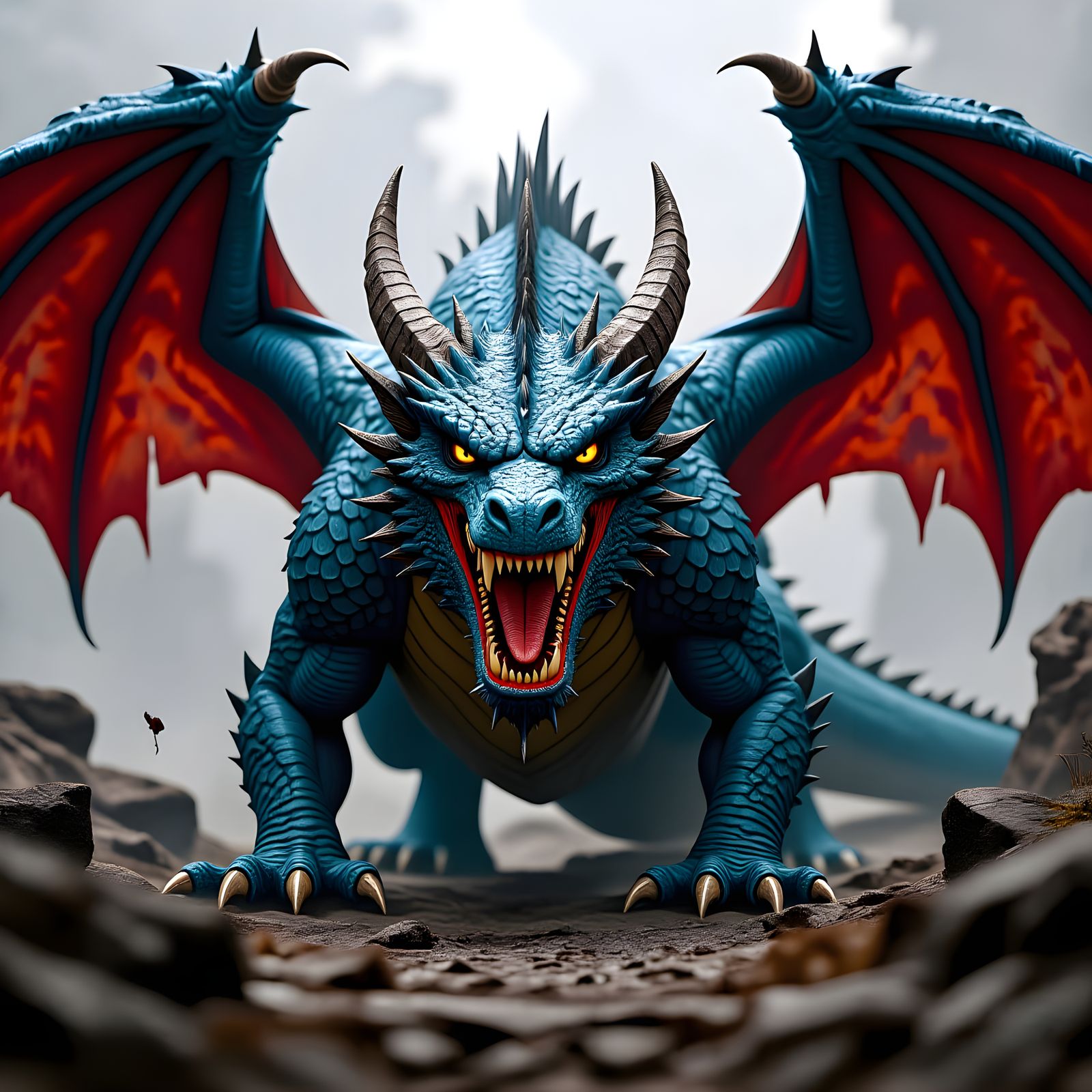 Blue Dragon in Grim-Dark Fantasy Style