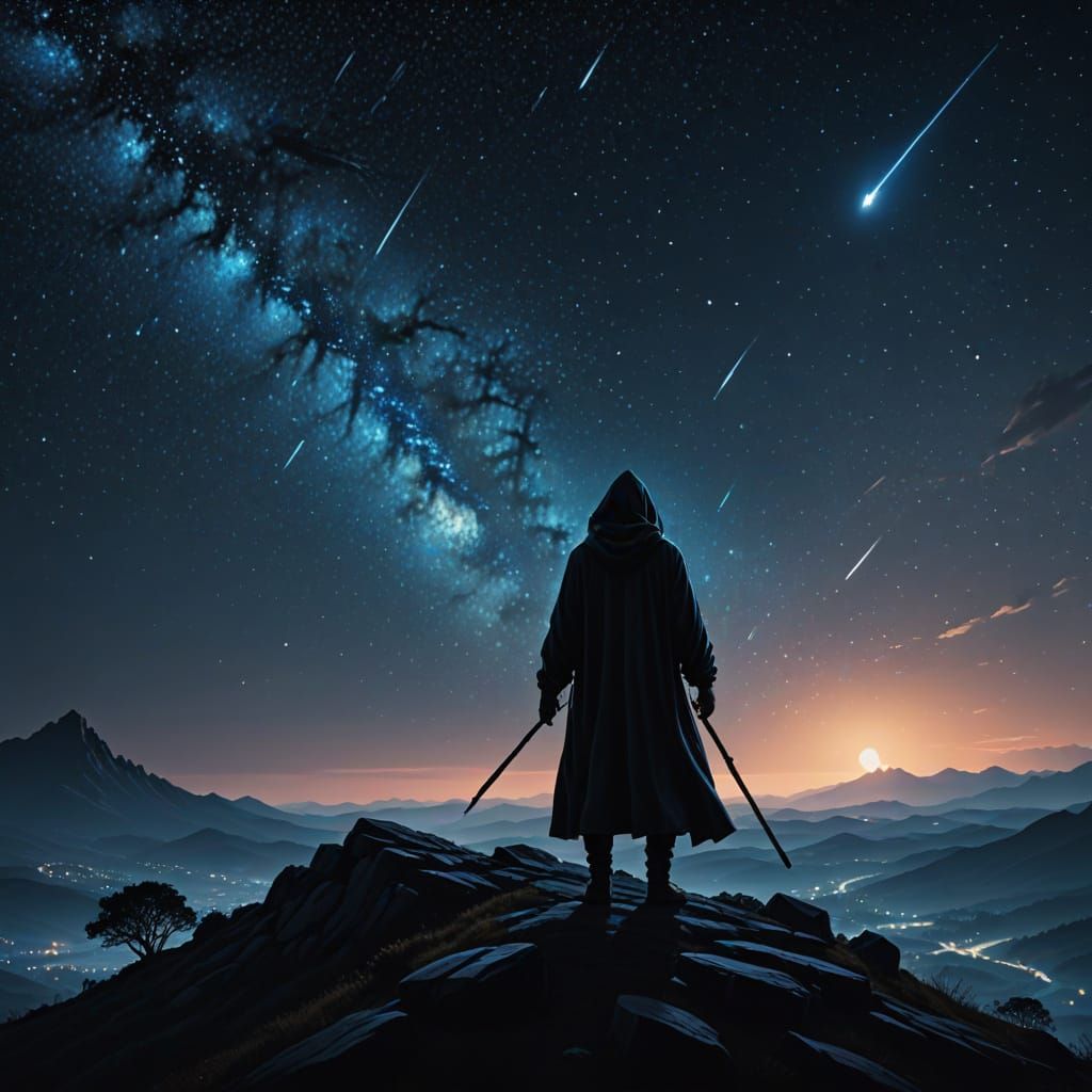Mystical Figure Under Starry Skies in Dark Fantasy Style