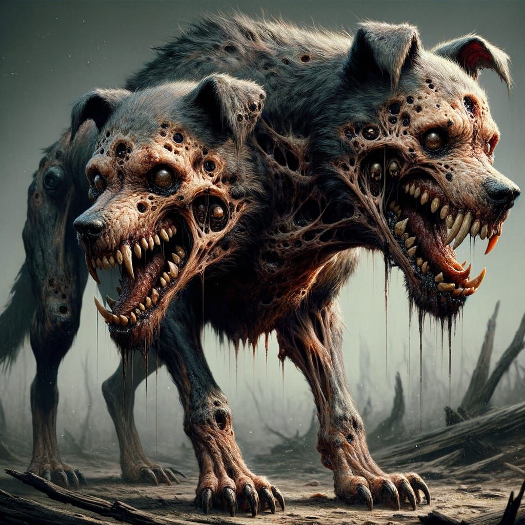 Menacing Two-Headed Death Dog in Fantasy Setting