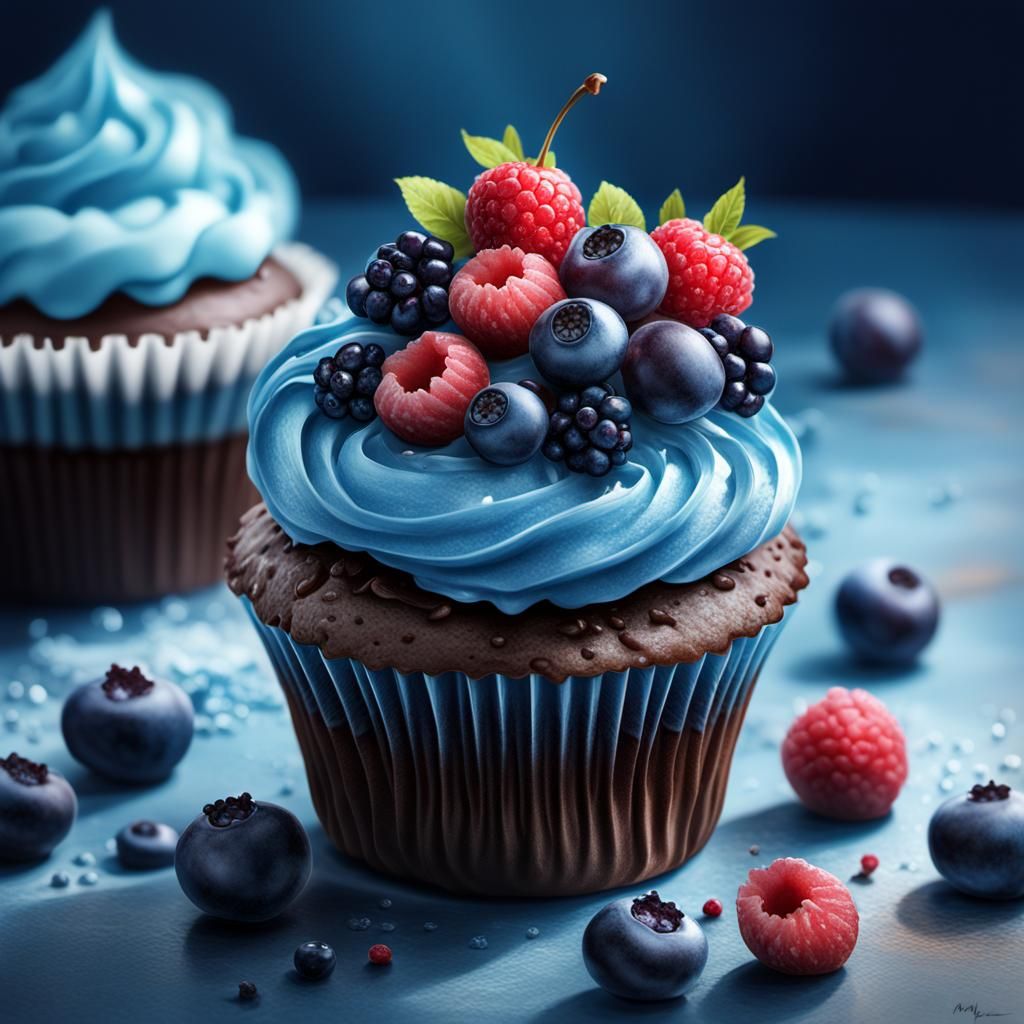 Hyperrealistic Cupcake with Blue Frosting Digital Art