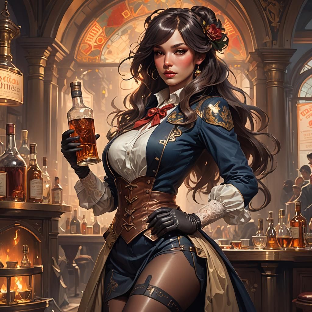 Woman in Stockings Delivering Bourbon: Hyperdetailed Art