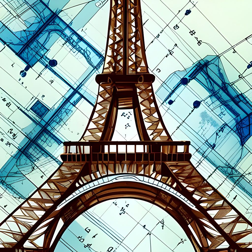 Eiffel Tower Blueprint in Blue Shades