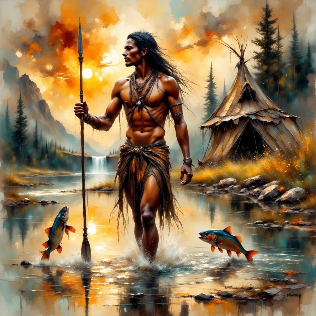 Indian Warrior Fishing at Sunset as Impasto Painting