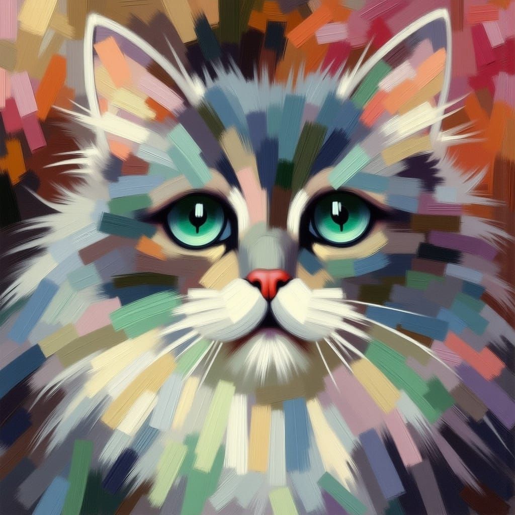 Expressive Grey Cat Portrait in Oil Painting Style