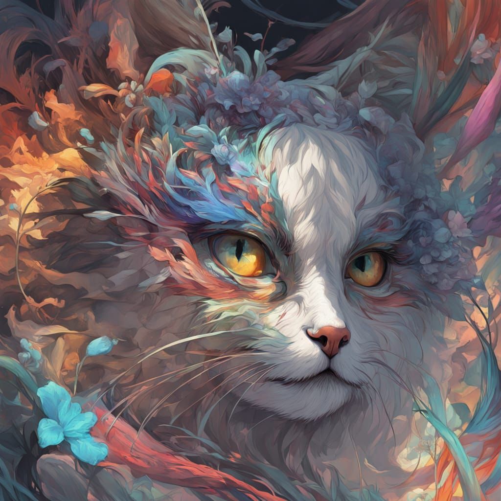 Cat Hugs Girl: Impressionist Gouache Charcoal Drawing