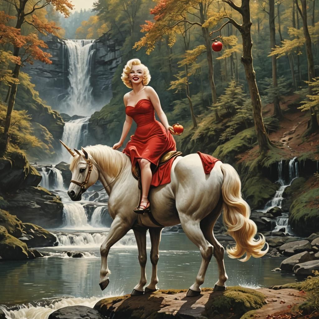 Marilyn Monroe Rides a Unicorn in Forest