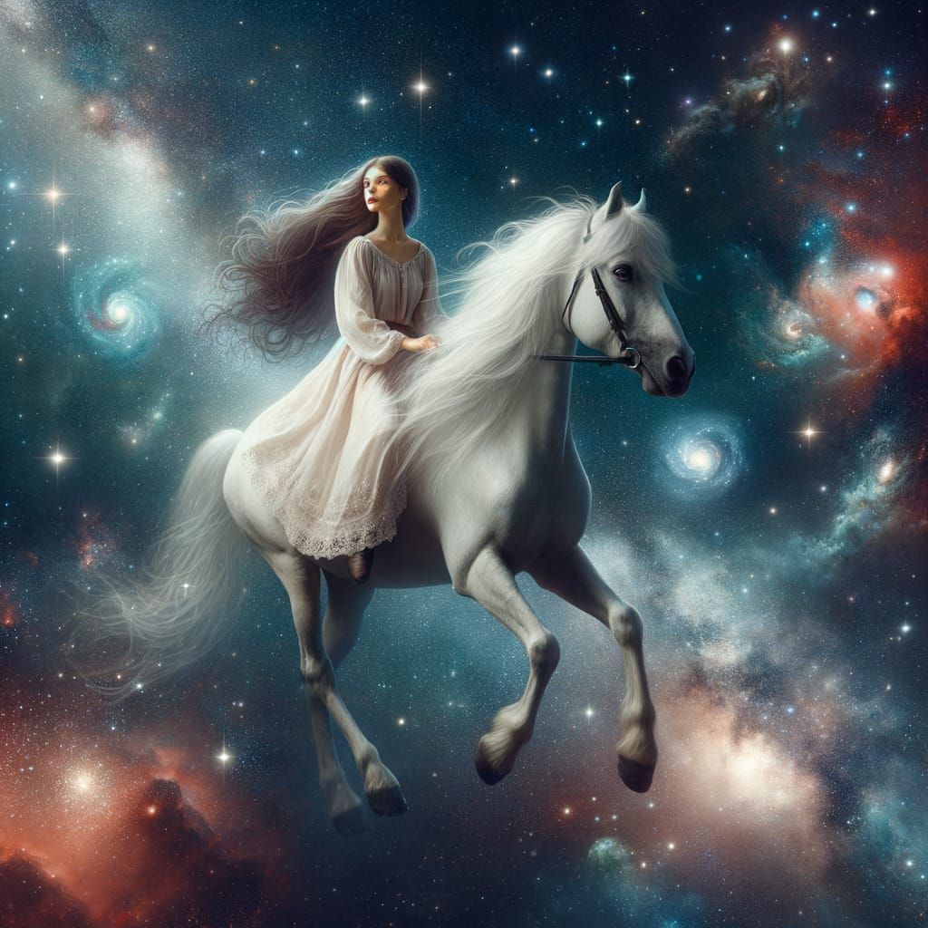 A Celestial Maiden Glides Through Space on a Majestic White ...