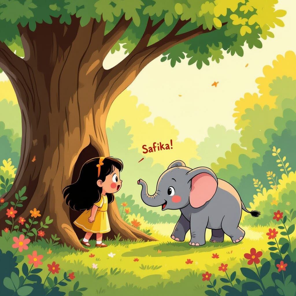 Girl and Elephant Play Hide-and-Seek in Botanical Garden