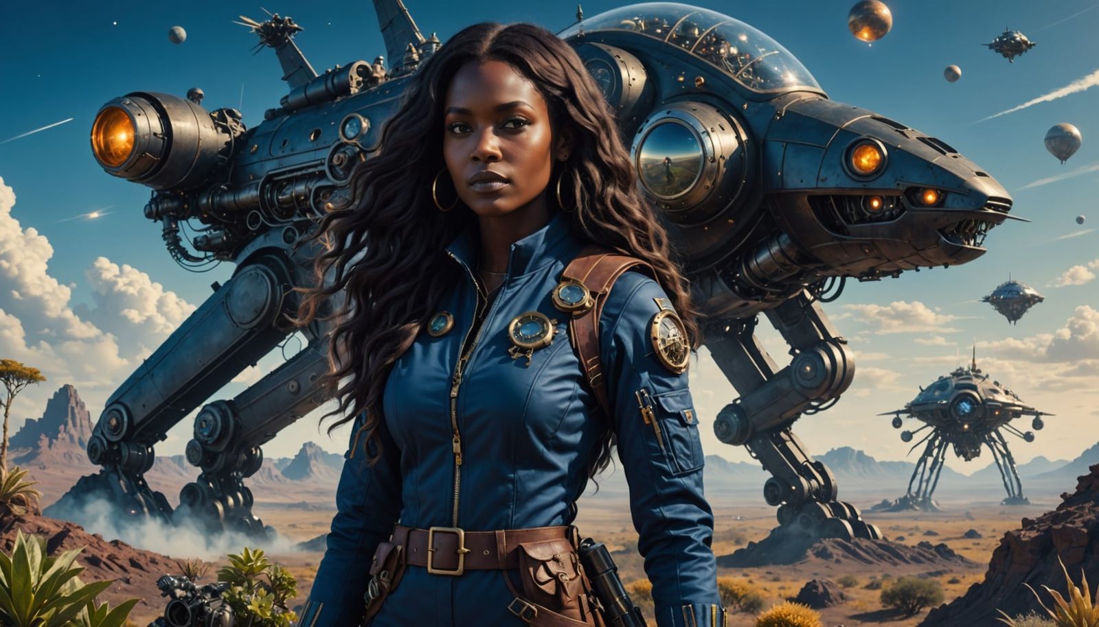 Dark Skinned Adventurer Stands on Alien Bluff