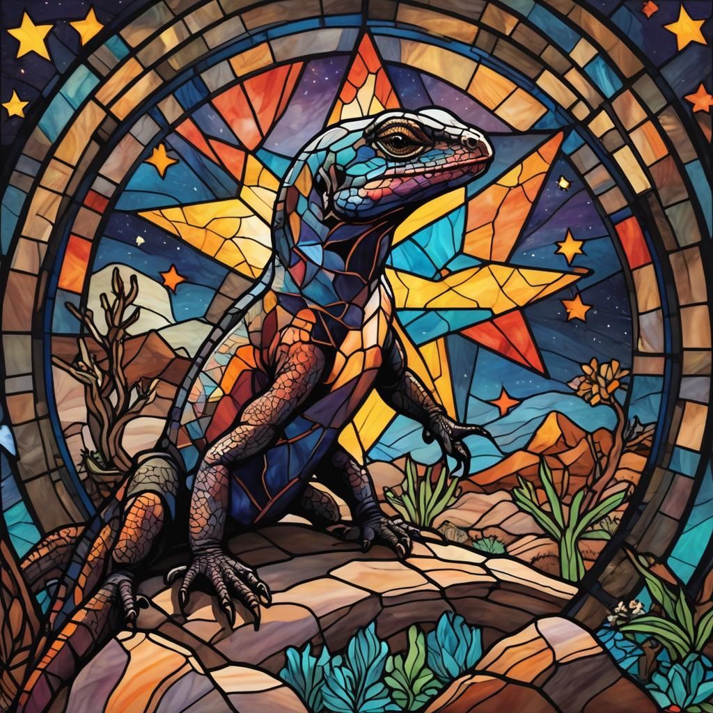 Chuckwalla Lizard in Stained Glass Desert Scene