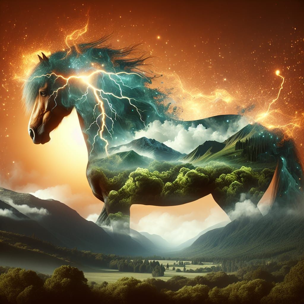 Stallion Double Exposure with Mountains and Bioluminescence