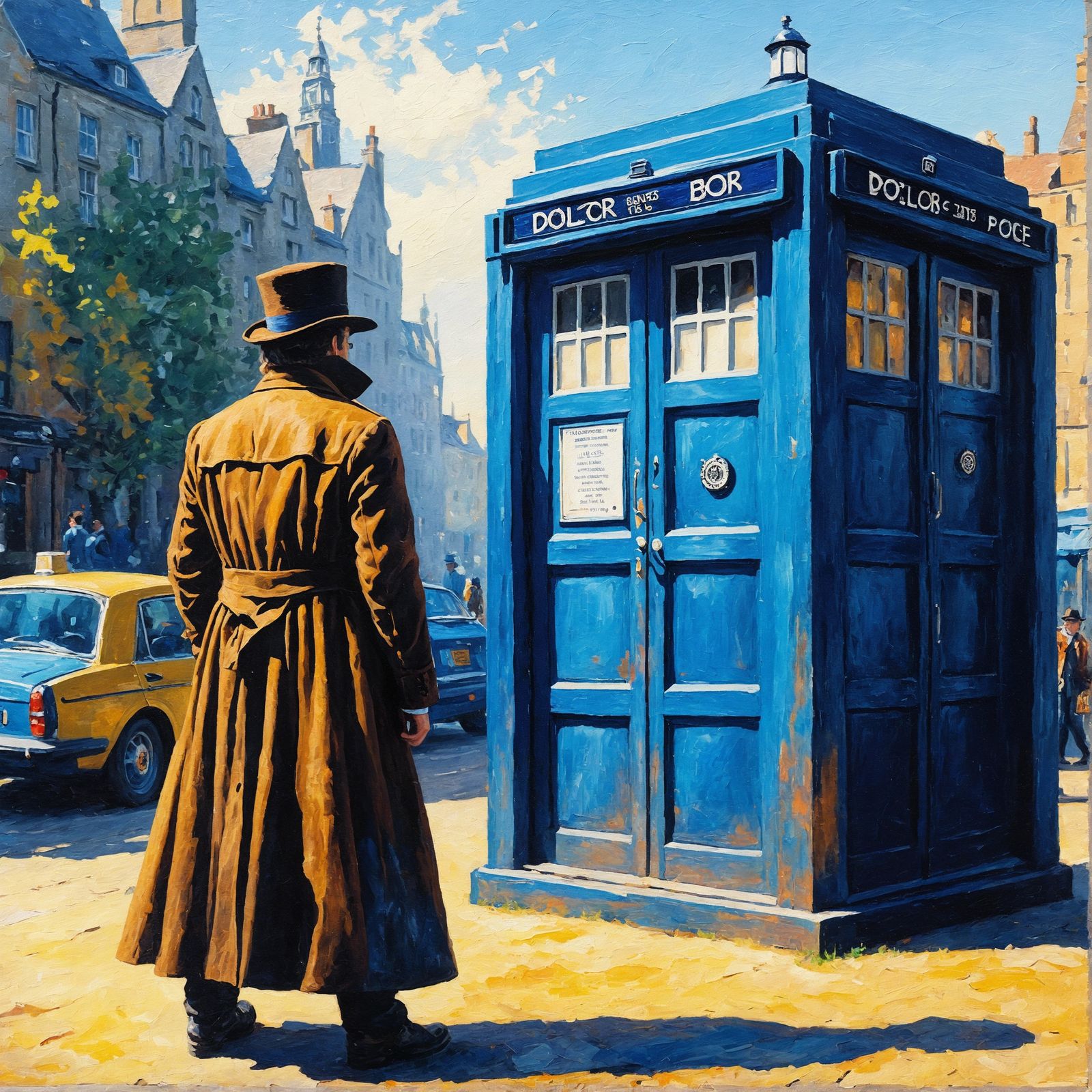 Time Traveler and Police Box as Oil Painting