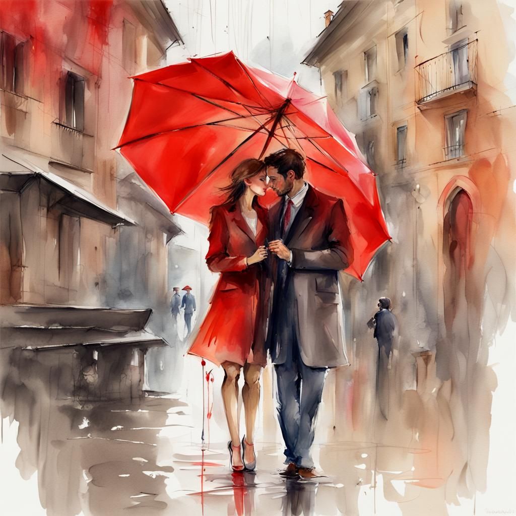 Lovers in Italy Under Red Umbrella: Watercolor Sketch