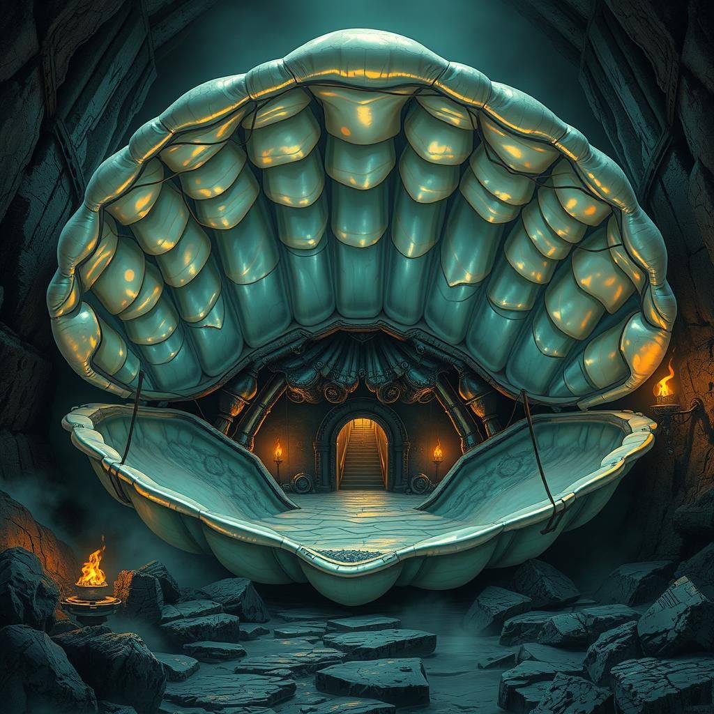 Mystical Clamshell Dungeon in Dark Industrial Futurism