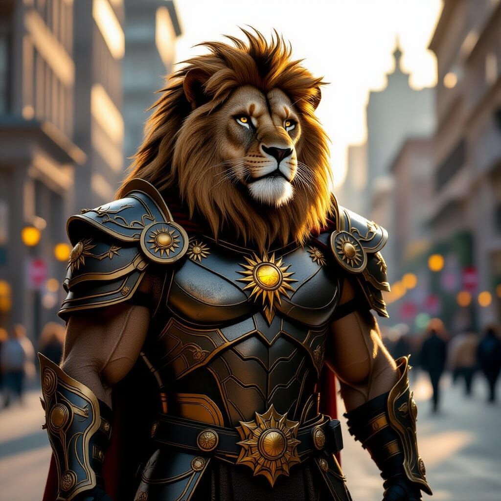 Lion Zodiac Warrior in Modern City Square