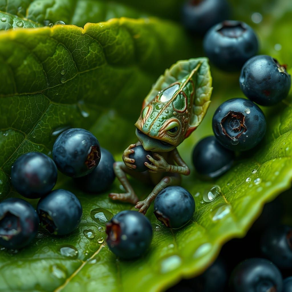 Tiny Leaf Guy Savoring Blueberries in a Lush Green Leaf