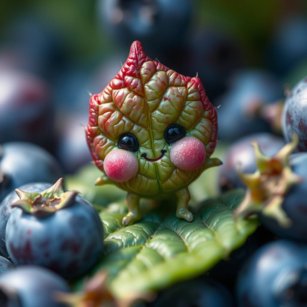 Vibrant Hyperrealistic Leaf Leishy Amidst Blueberry Fruits