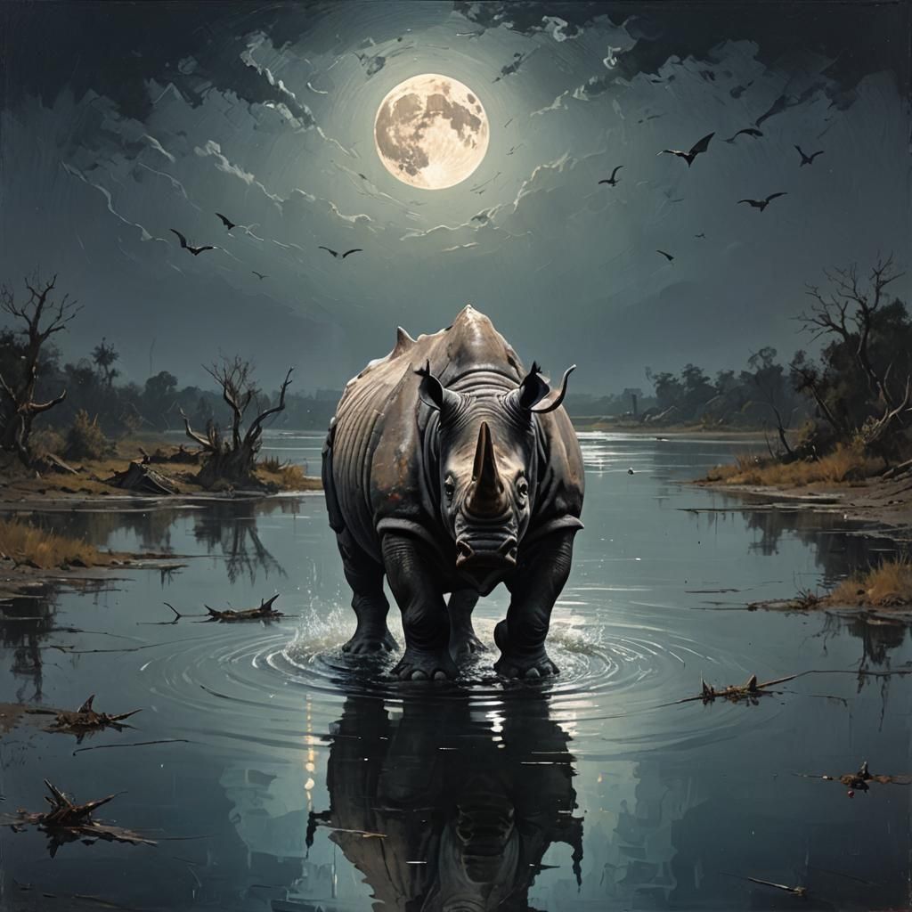 Mystical Winged Rhino Under Full Moon