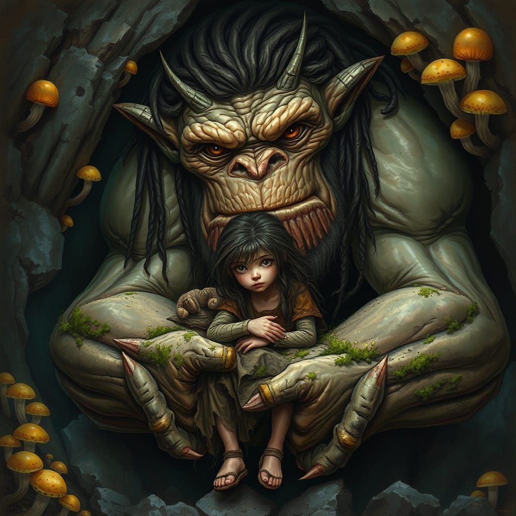 A Majestic Cave Troll Embraces a Forlorn Girl in a Fantastic...