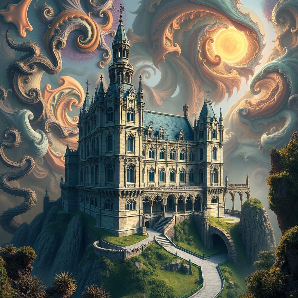 Majestic Renaissance Castle Amidst Dreamlike Fractals