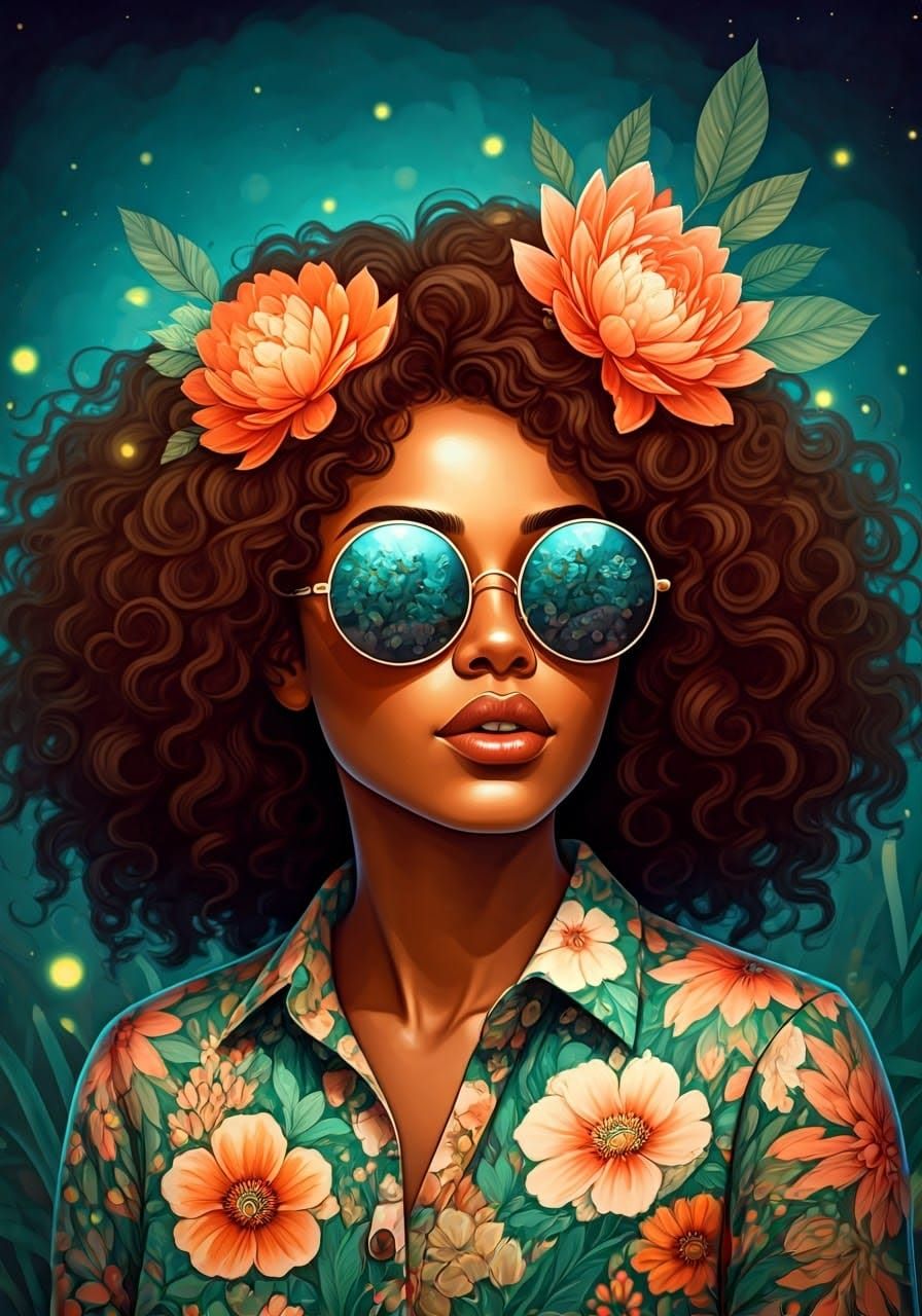 Bioluminescent Blossoms in Hair of Voluptuous Woman