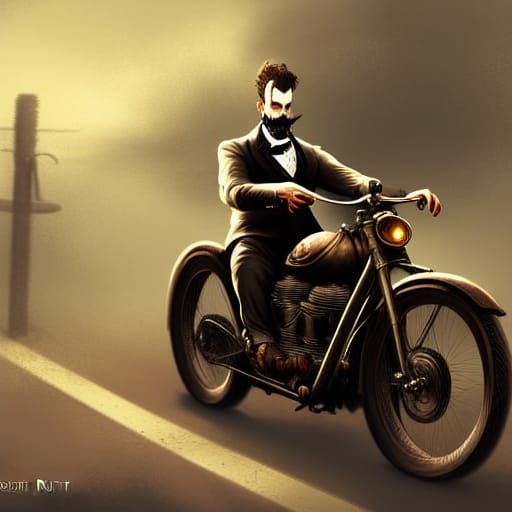 Steampunk Victorian Gentleman on Ratbike Motorcycle