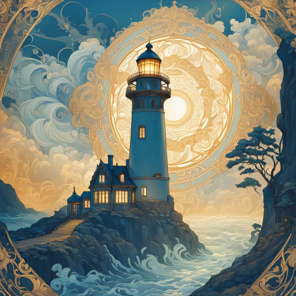 Ethereal Art Nouveau Lighthouse Scene in Alphonse Mucha Styl...