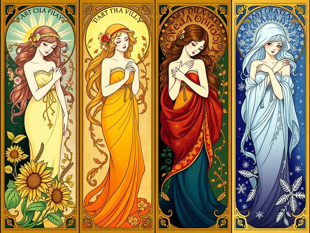 Elegant Seasonal Goddesses in Vibrant Art Nouveau Style