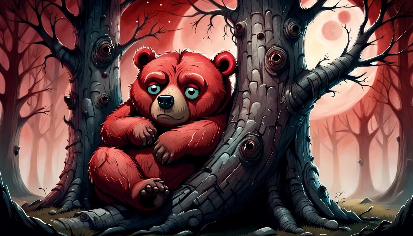 Surreal Storybook Bear in a Tree, Frowning with Wide Angry E...