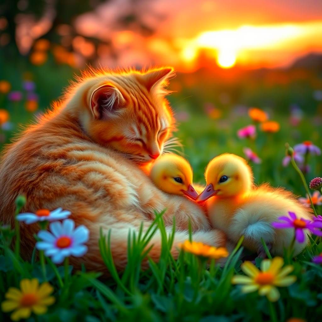 Cozy Cat and Ducklings in Vibrant Sunset Field