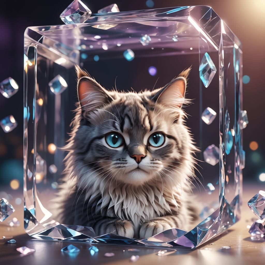 Cute Cat in Crystal Cube: 3D Digital Art