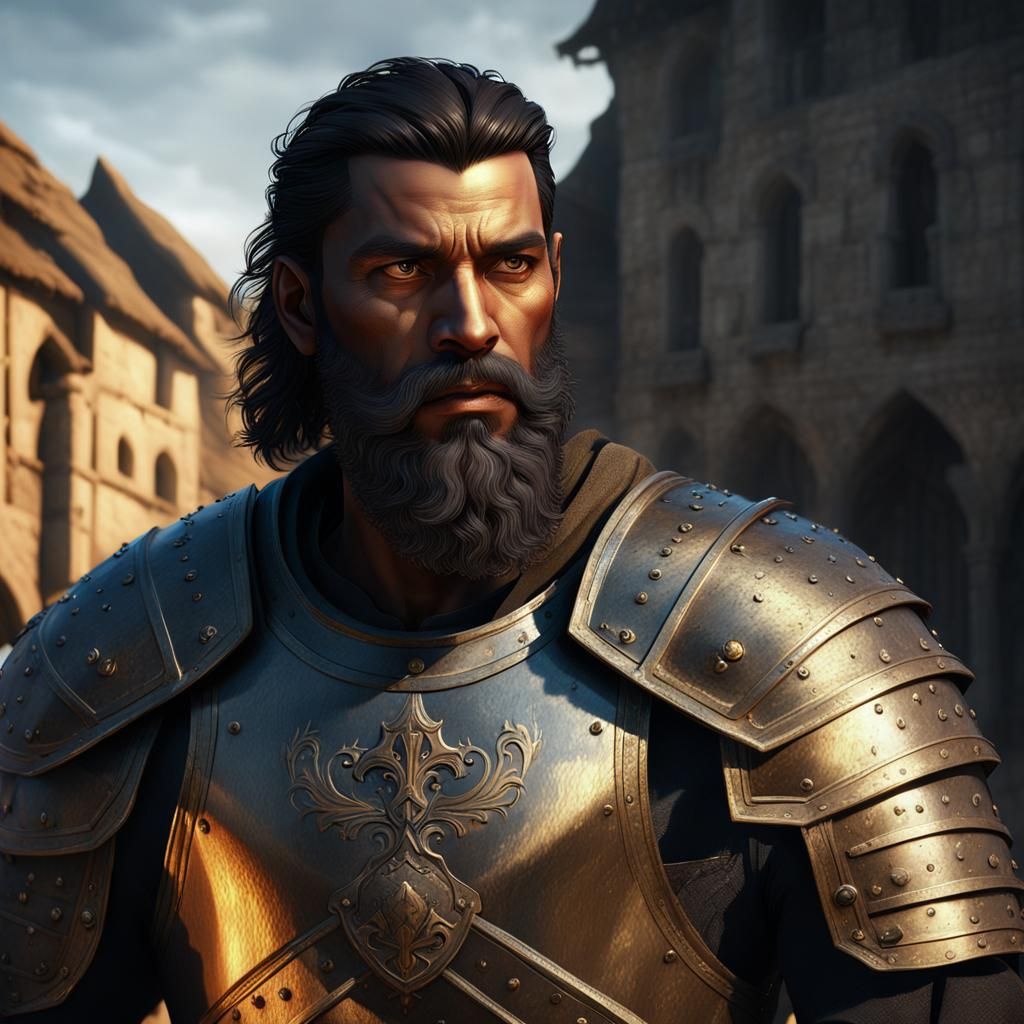 Dramatic Fantasy Portrait of Medieval Soldier in Golden Ligh...