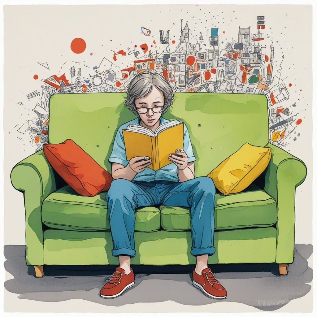 Child's Whimsical Reading Moment in Expressive Linework Styl...