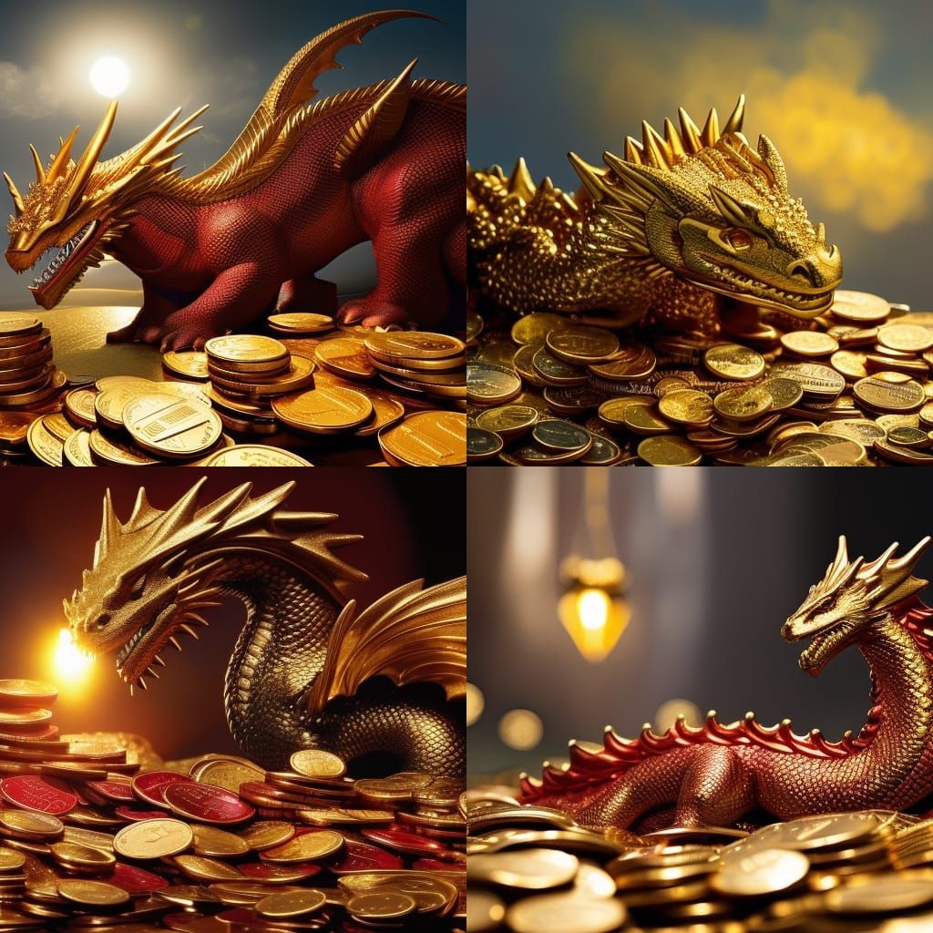 Sleeping Red Dragon on Gold Coins in Hyperrealism