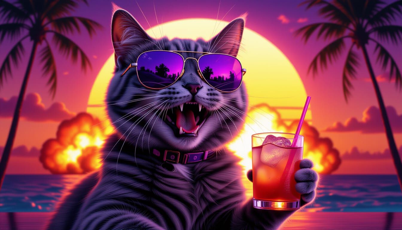 Cat in Sunglasses with Sunset Explosion