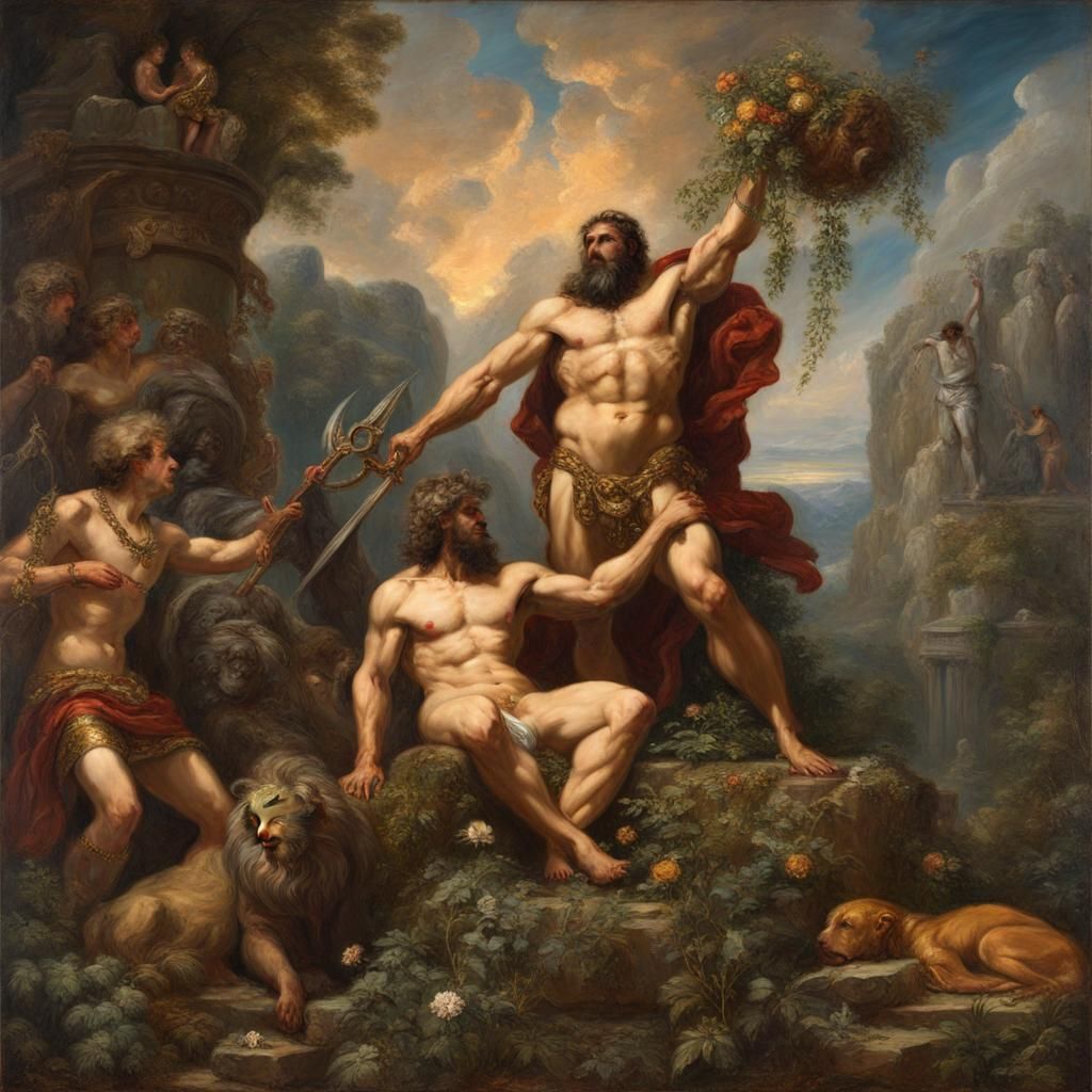 Atlas and Heracles in Garden, Oil Painting